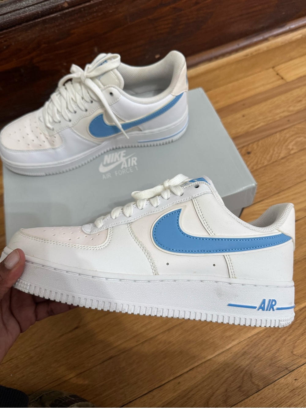 Nike Air Force One Low-Top Sneakers - White with Light Blue Swoosh Men’s 7.5